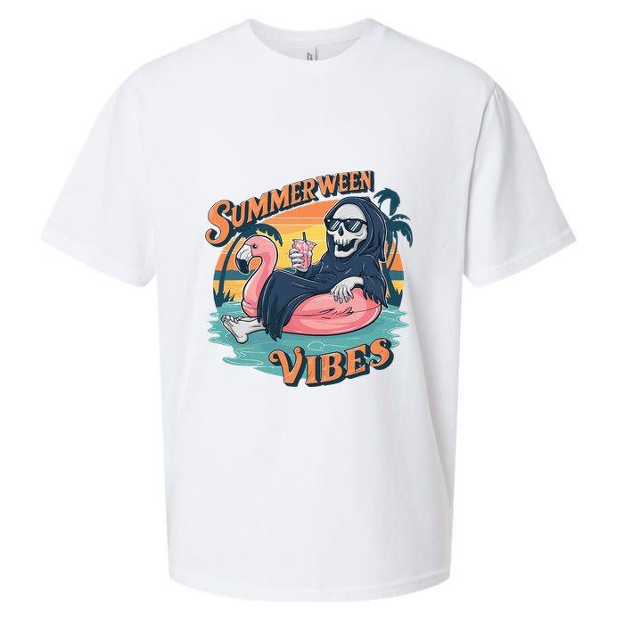 Summerween Vibes Skeleton Flamingo Float Summer Halloween Sueded Cloud Jersey T-Shirt