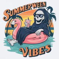 Summerween Vibes Skeleton Flamingo Float Summer Halloween Sueded Cloud Jersey T-Shirt