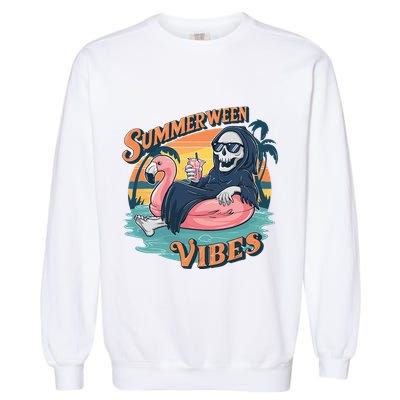 Summerween Vibes Skeleton Flamingo Float Summer Halloween Garment-Dyed Sweatshirt