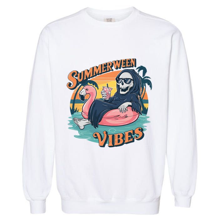 Summerween Vibes Skeleton Flamingo Float Summer Halloween Garment-Dyed Sweatshirt