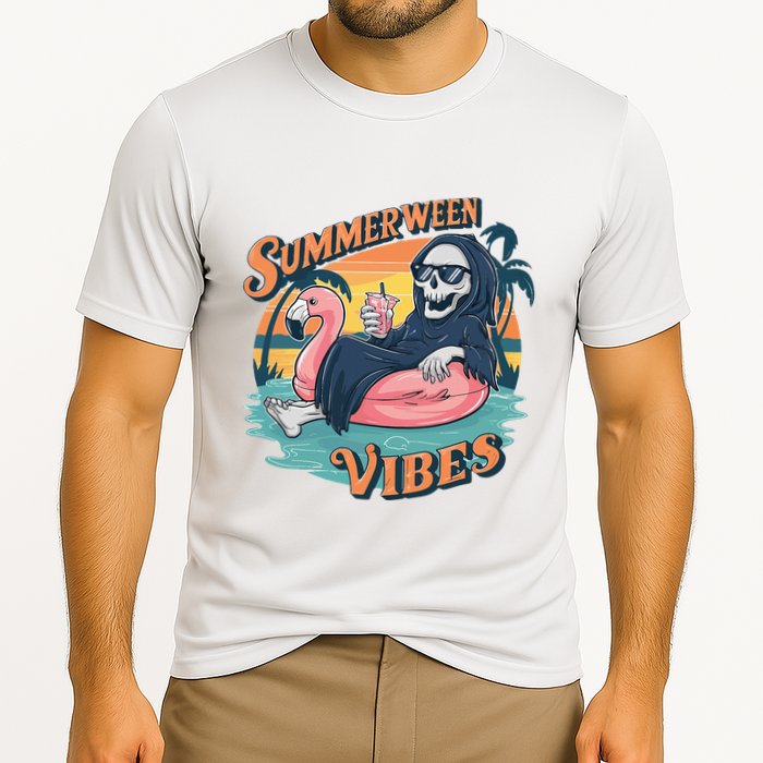 Summerween Vibes Skeleton Flamingo Float Summer Halloween Performance Shirt