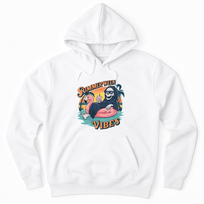 Summerween Vibes Skeleton Flamingo Float Summer Halloween Hoodie