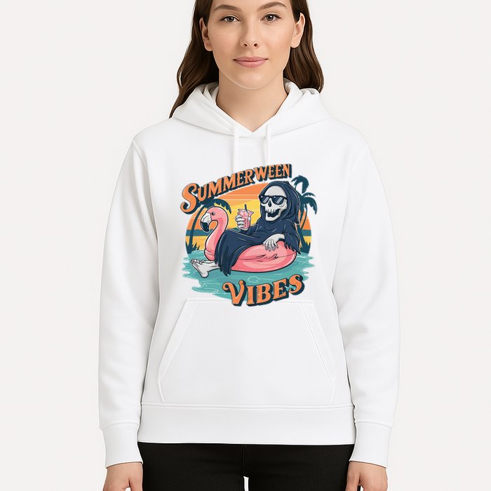 Summerween Vibes Skeleton Flamingo Float Summer Halloween Hoodie