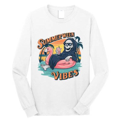 Summerween Vibes Skeleton Flamingo Float Summer Halloween Long Sleeve Shirt
