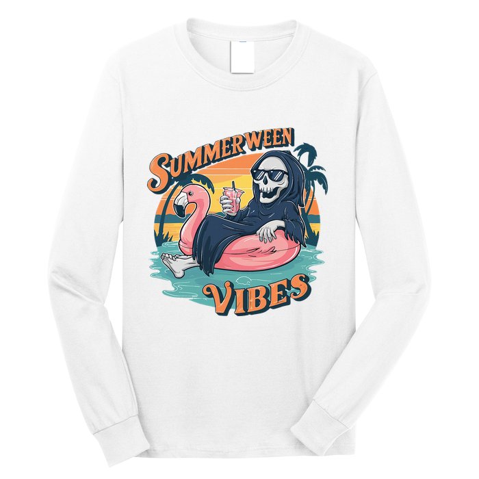 Summerween Vibes Skeleton Flamingo Float Summer Halloween Long Sleeve Shirt