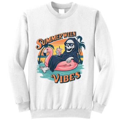 Summerween Vibes Skeleton Flamingo Float Summer Halloween Sweatshirt