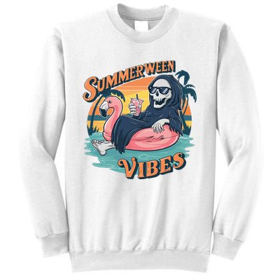 Summerween Vibes Skeleton Flamingo Float Summer Halloween Sweatshirt