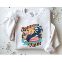 Summerween Vibes Skeleton Flamingo Float Summer Halloween Sweatshirt