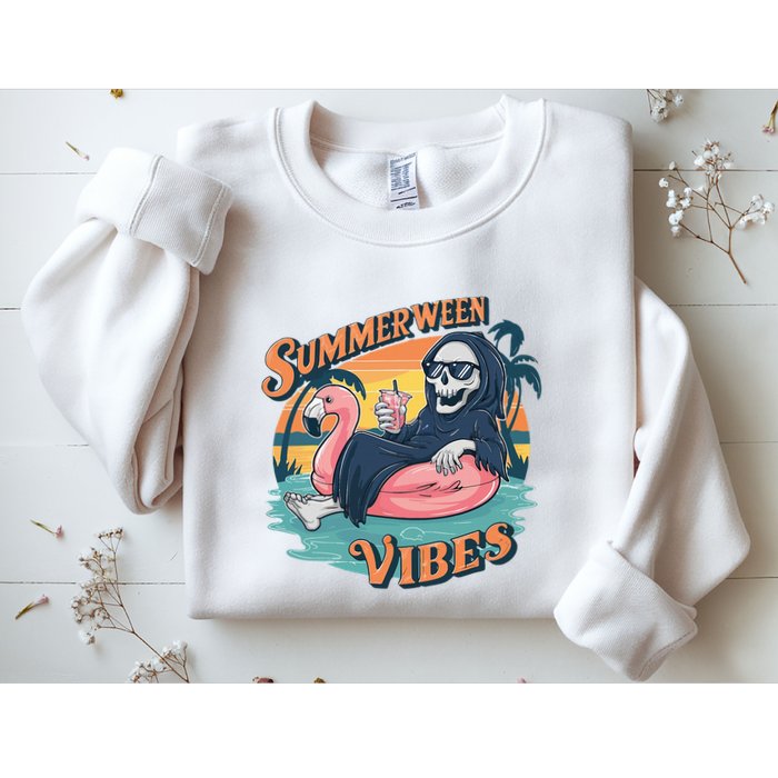 Summerween Vibes Skeleton Flamingo Float Summer Halloween Sweatshirt