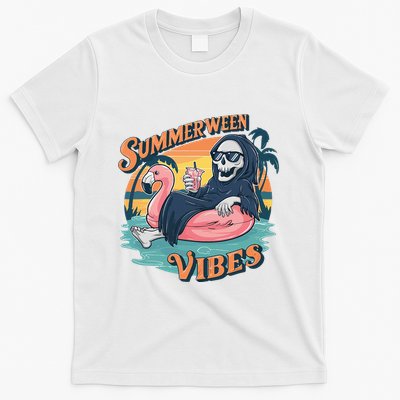Summerween Vibes Skeleton Flamingo Float Summer Halloween T-Shirt