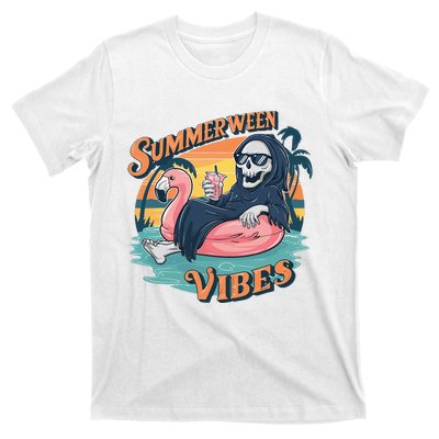 Summerween Vibes Skeleton Flamingo Float Summer Halloween T-Shirt