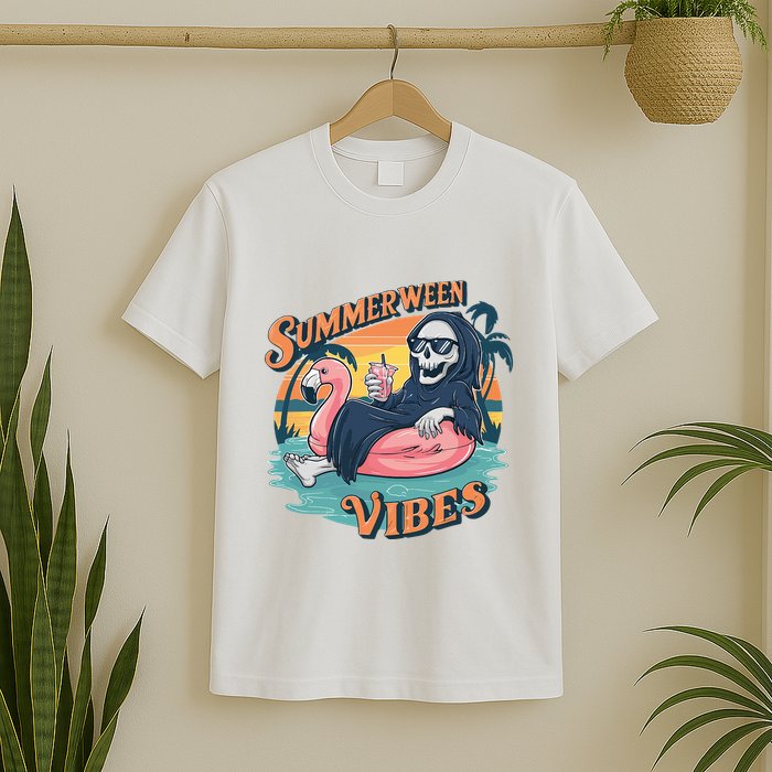 Summerween Vibes Skeleton Flamingo Float Summer Halloween T-Shirt