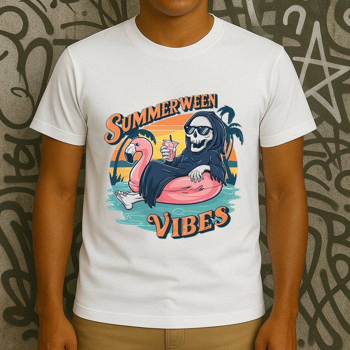 Summerween Vibes Skeleton Flamingo Float Summer Halloween T-Shirt
