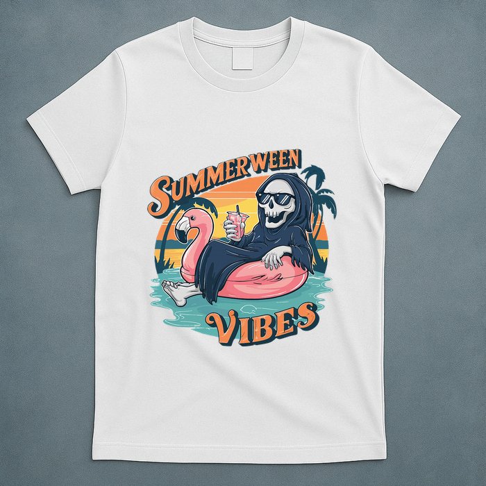 Summerween Vibes Skeleton Flamingo Float Summer Halloween T-Shirt