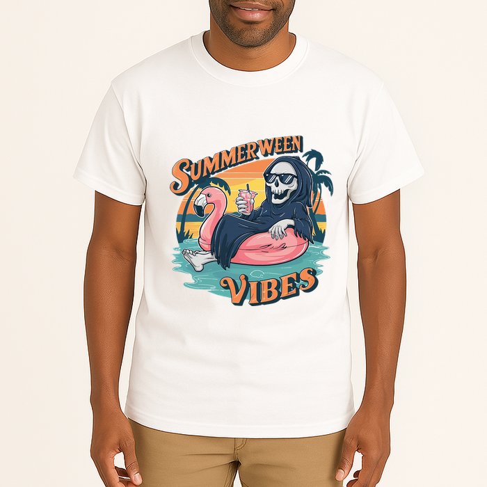 Summerween Vibes Skeleton Flamingo Float Summer Halloween Tall T-Shirt