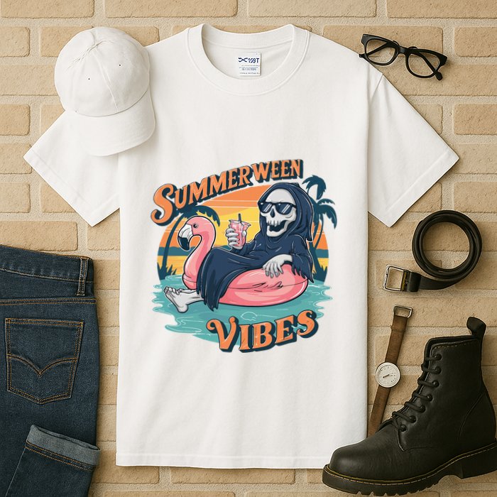 Summerween Vibes Skeleton Flamingo Float Summer Halloween Tall T-Shirt