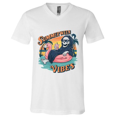 Summerween Vibes Skeleton Flamingo Float Summer Halloween V-Neck T-Shirt