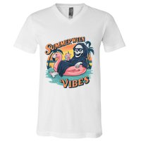 Summerween Vibes Skeleton Flamingo Float Summer Halloween V-Neck T-Shirt