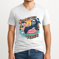 Summerween Vibes Skeleton Flamingo Float Summer Halloween V-Neck T-Shirt