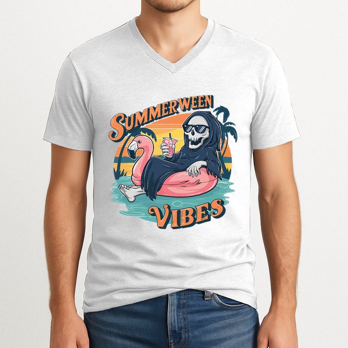 Summerween Vibes Skeleton Flamingo Float Summer Halloween V-Neck T-Shirt