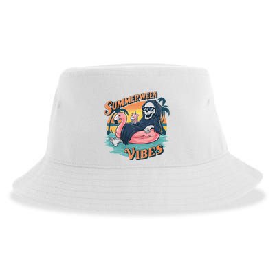 Summerween Vibes Skeleton Flamingo Float Summer Halloween Sustainable Bucket Hat