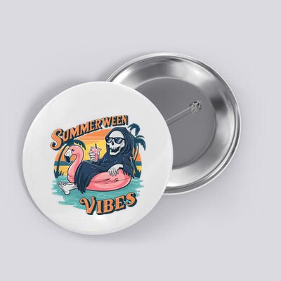 Summerween Vibes Skeleton Flamingo Float Summer Halloween Button