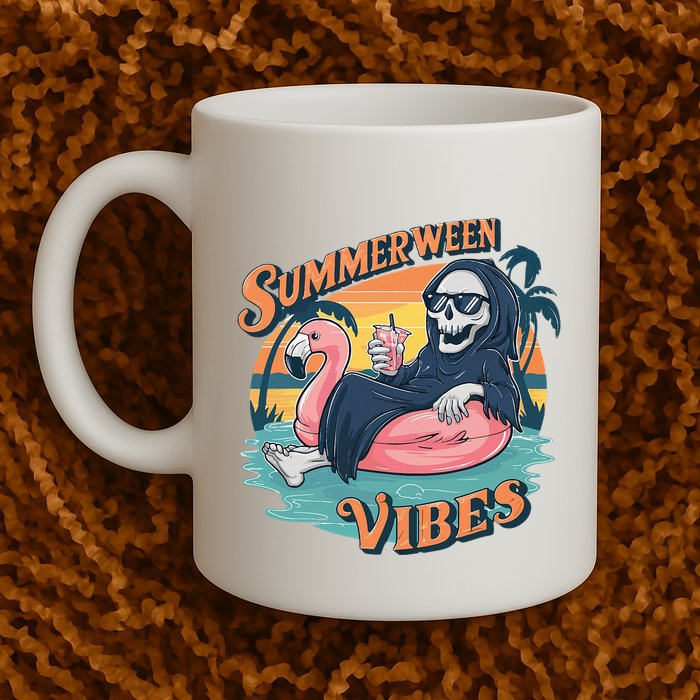 Summerween Vibes Skeleton Flamingo Float Summer Halloween Mug