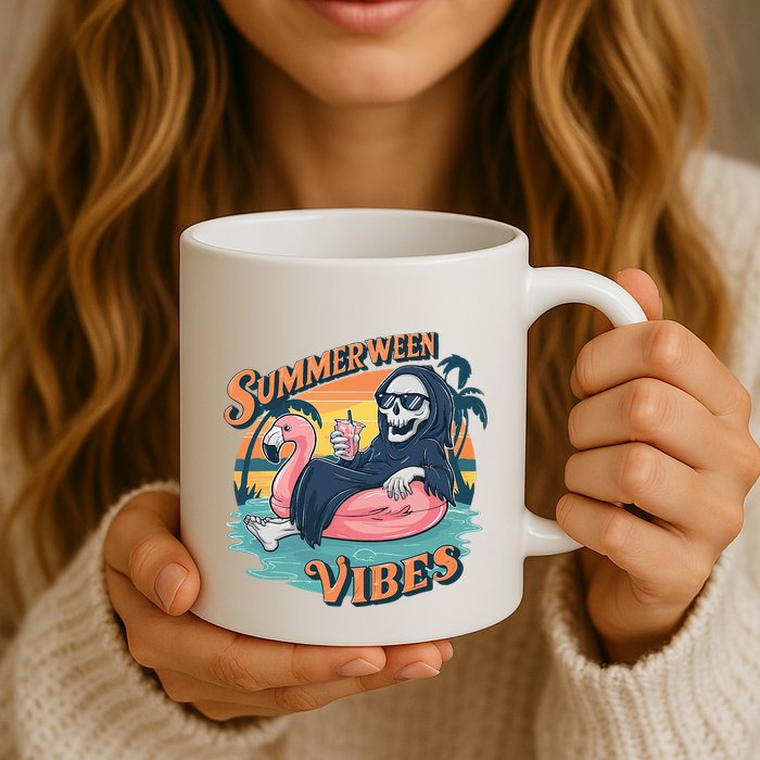 Summerween Vibes Skeleton Flamingo Float Summer Halloween Mug