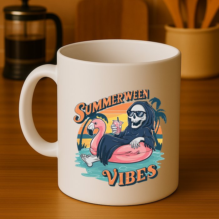 Summerween Vibes Skeleton Flamingo Float Summer Halloween Mug