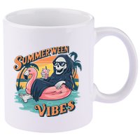 Summerween Vibes Skeleton Flamingo Float Summer Halloween 11oz C Handle Ceramic Mug