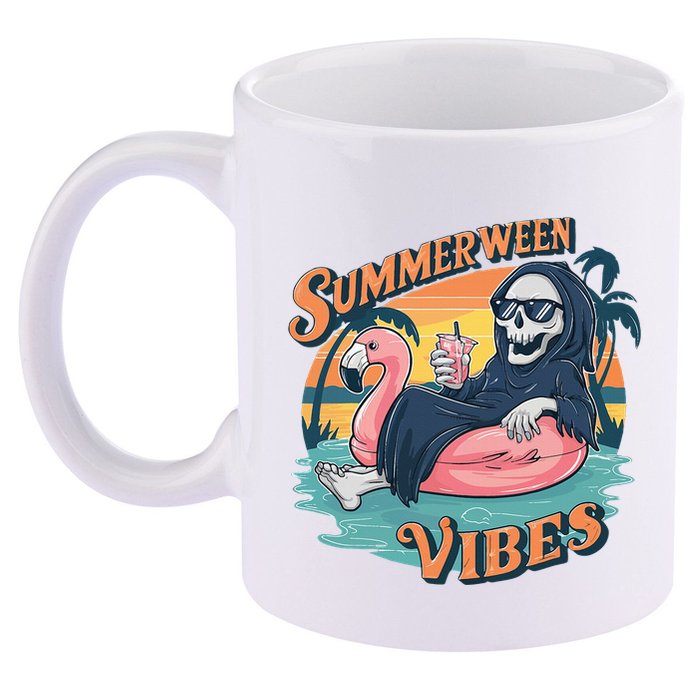 Summerween Vibes Skeleton Flamingo Float Summer Halloween 11oz C Handle Ceramic Mug