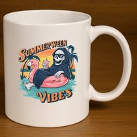 Summerween Vibes Skeleton Flamingo Float Summer Halloween 11oz C Handle Ceramic Mug