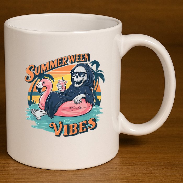 Summerween Vibes Skeleton Flamingo Float Summer Halloween 11oz C Handle Ceramic Mug