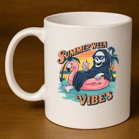 Summerween Vibes Skeleton Flamingo Float Summer Halloween 11oz C Handle Ceramic Mug