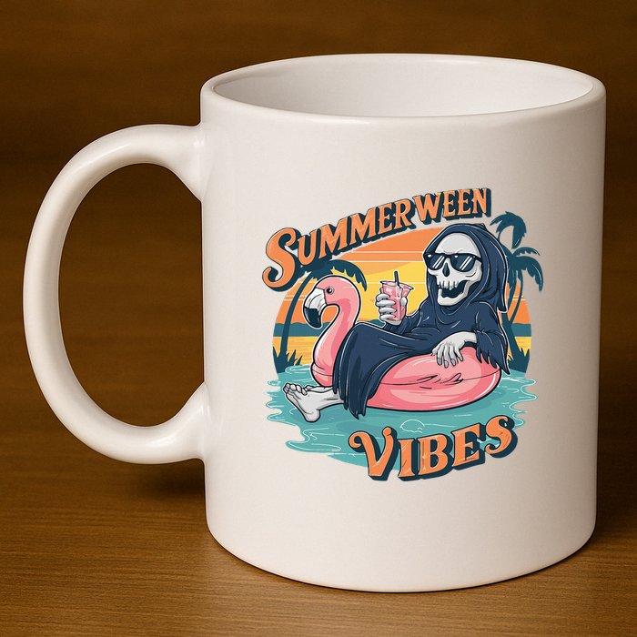 Summerween Vibes Skeleton Flamingo Float Summer Halloween 11oz C Handle Ceramic Mug