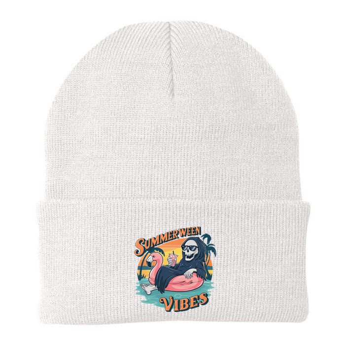Summerween Vibes Skeleton Flamingo Float Summer Halloween Beanie