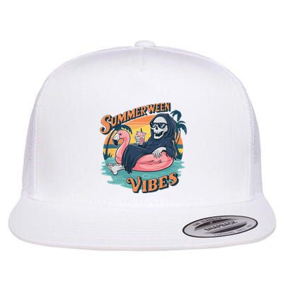 Summerween Vibes Skeleton Flamingo Float Summer Halloween Flatbill Hat