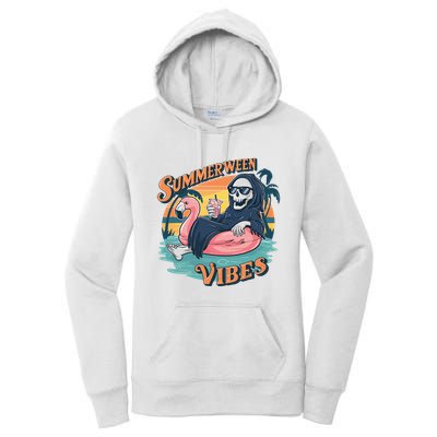 Summerween Vibes Skeleton Flamingo Float Summer Halloween Women's Pullover Hoodie