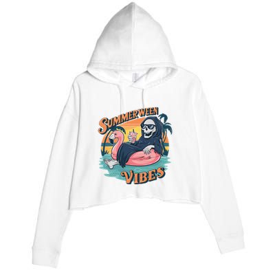 Summerween Vibes Skeleton Flamingo Float Summer Halloween Crop Fleece Hoodie