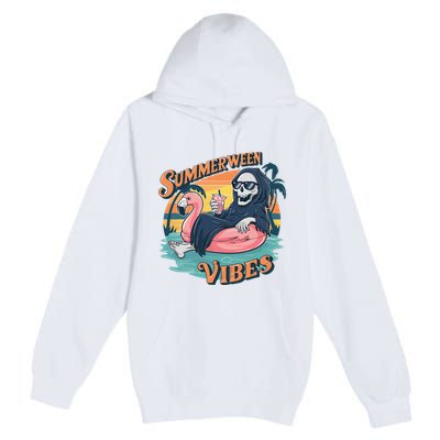 Summerween Vibes Skeleton Flamingo Float Summer Halloween Premium Pullover Hoodie