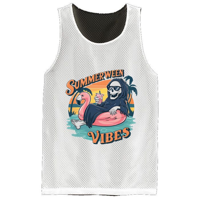 Summerween Vibes Skeleton Flamingo Float Summer Halloween Mesh Reversible Basketball Jersey Tank