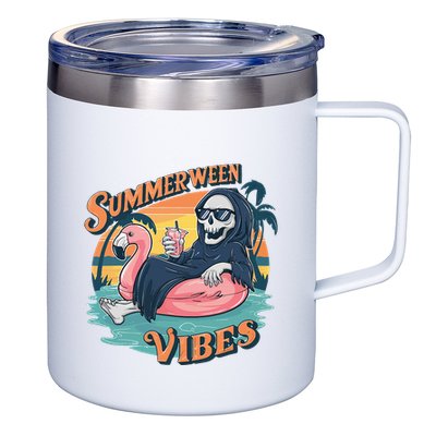 Summerween Vibes Skeleton Flamingo Float Summer Halloween 12oz Stainless Steel Coffee Mug