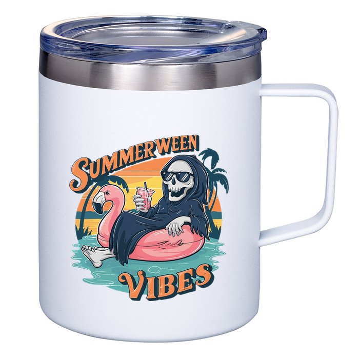 Summerween Vibes Skeleton Flamingo Float Summer Halloween 12oz Stainless Steel Coffee Mug