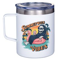 Summerween Vibes Skeleton Flamingo Float Summer Halloween 12oz Stainless Steel Coffee Mug