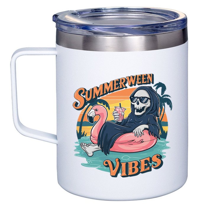 Summerween Vibes Skeleton Flamingo Float Summer Halloween 12oz Stainless Steel Coffee Mug