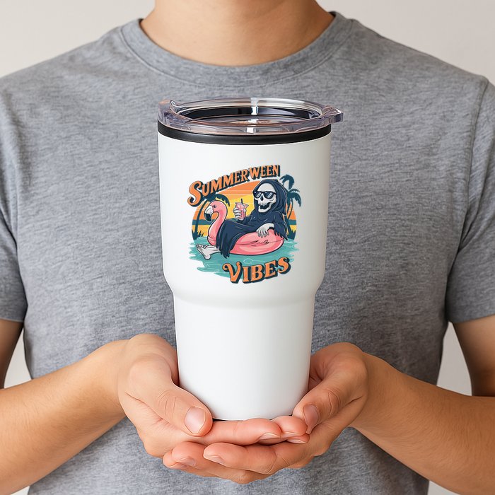 Summerween Vibes Skeleton Flamingo Float Summer Halloween Tumbler