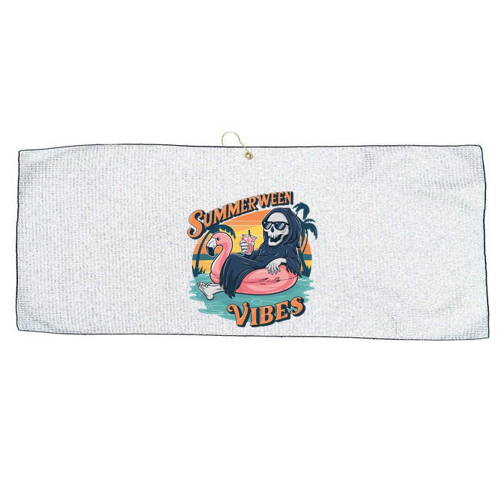 Summerween Vibes Skeleton Flamingo Float Summer Halloween Large Microfiber Waffle Golf Towel