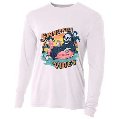 Summerween Vibes Skeleton Flamingo Float Summer Halloween Cooling Performance Long Sleeve Crew