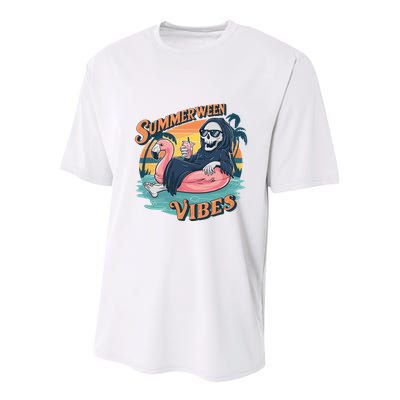 Summerween Vibes Skeleton Flamingo Float Summer Halloween Youth Performance Sprint T-Shirt