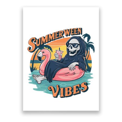 Summerween Vibes Skeleton Flamingo Float Summer Halloween Poster